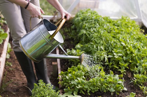 Garden maintenance team mowing and pruning in an urban garden